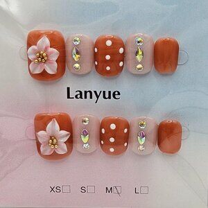 Press On Nails- Orange Polka Dot w/ 3D Flower& rhinestones Size Medium (10 pack)